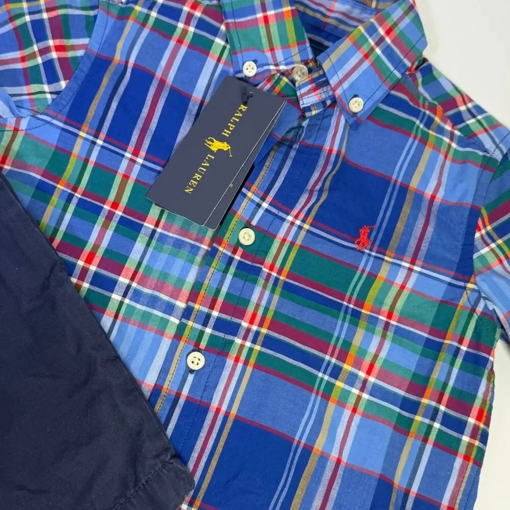 Ralph Lauren Boys 2T Plaid Button Down Shirt & Khaki Shorts Outfit Set NWT